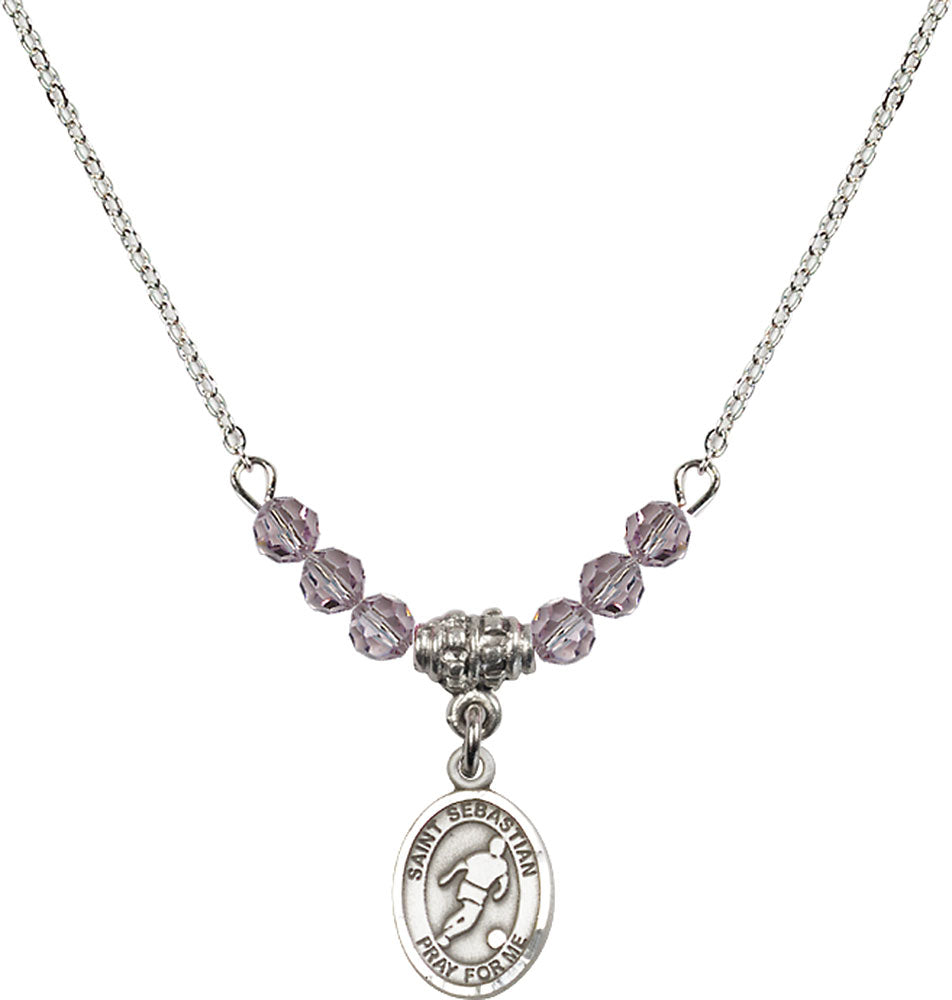 Sterling Silver Saint Sebastian/Soccer Birthstone Necklace with Light Amethyst Beads - 9164