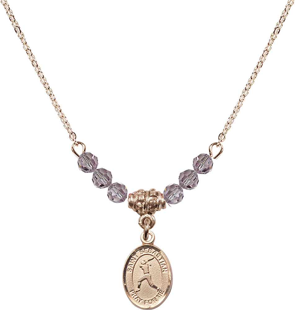 14kt Gold Filled Saint Sebastian/Softball Birthstone Necklace with Light Amethyst Beads - 9183