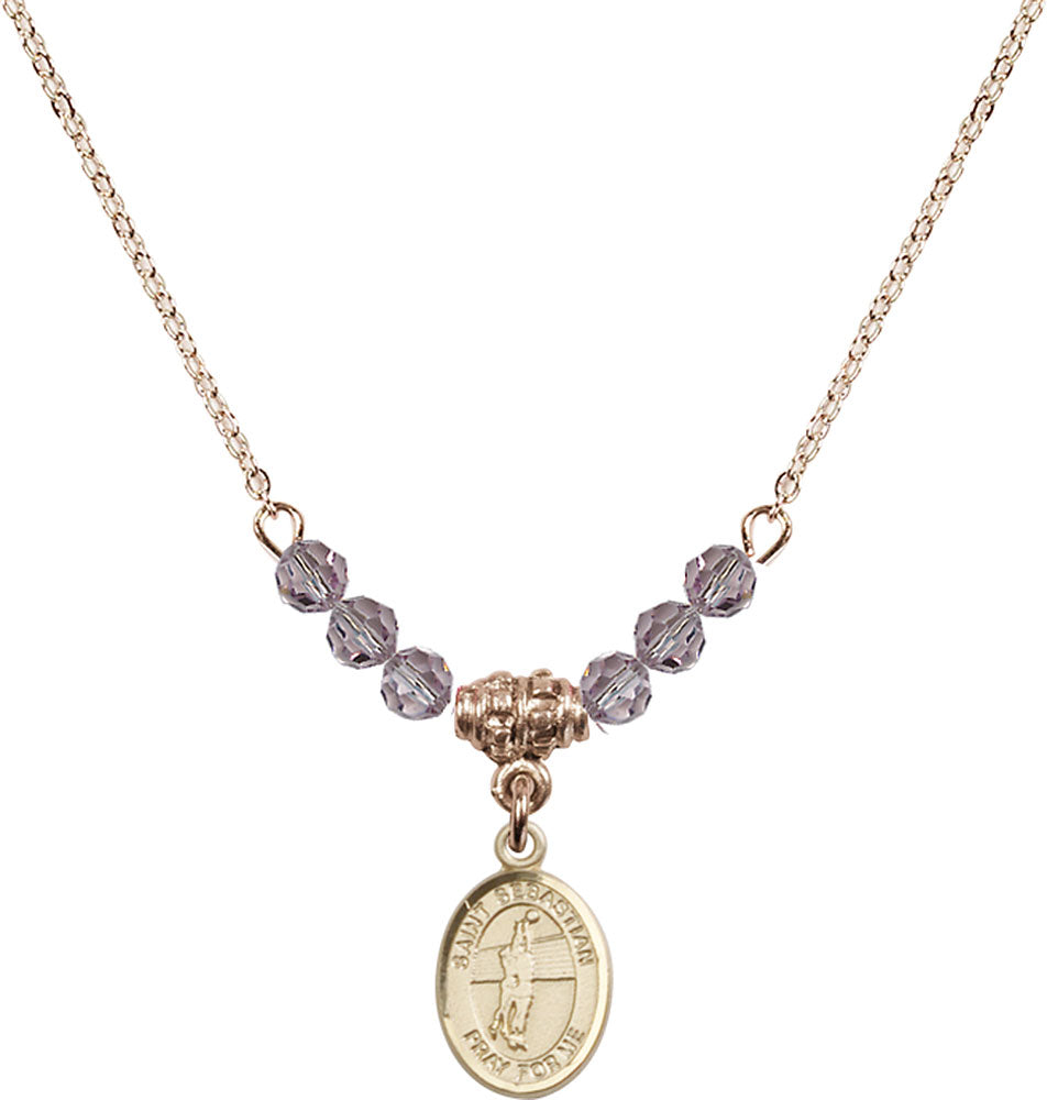 14kt Gold Filled Saint Sebastian / Volleyball Birthstone Necklace with Light Amethyst Beads - 9186
