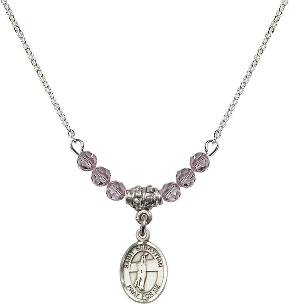 Sterling Silver Saint Sebastian / Volleyball Birthstone Necklace with Light Amethyst Beads - 9186