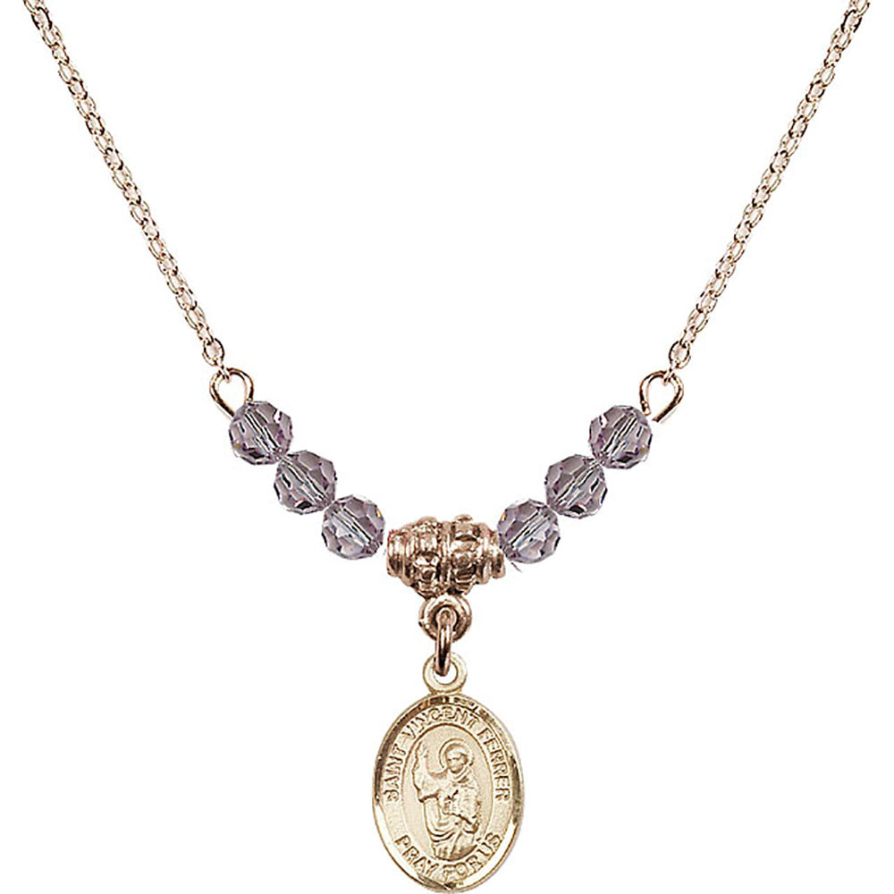 14kt Gold Filled Saint Vincent Ferrer Birthstone Necklace with Light Amethyst Beads - 9201