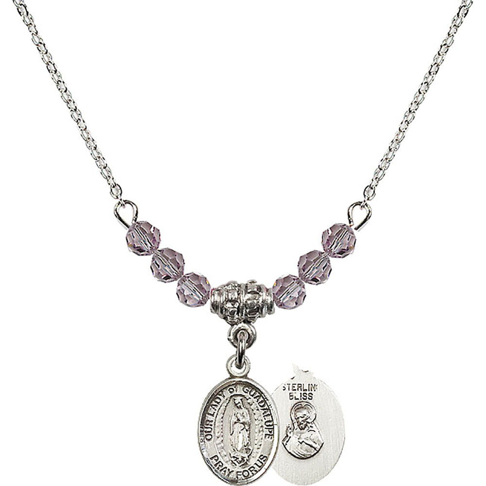 Sterling Silver Our Lady of Guadalupe Birthstone Necklace with Light Amethyst Beads - 9206