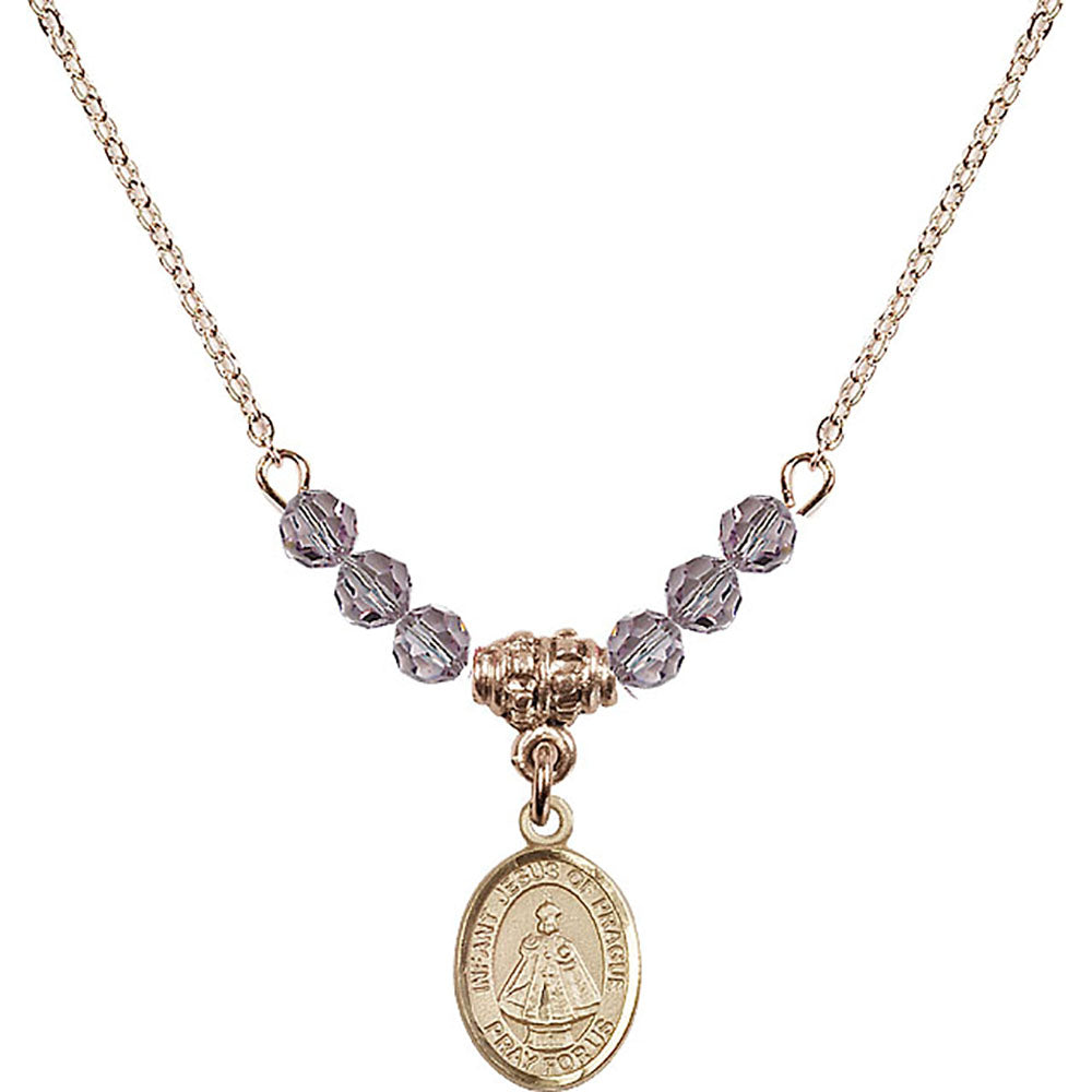 14kt Gold Filled Infant of Prague Birthstone Necklace with Light Amethyst Beads - 9207