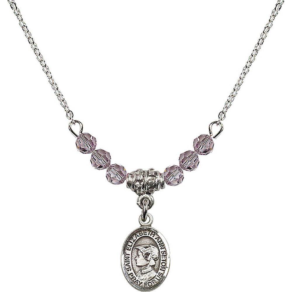 Sterling Silver Saint Elizabeth Ann Seton Birthstone Necklace with Light Amethyst Beads - 9224