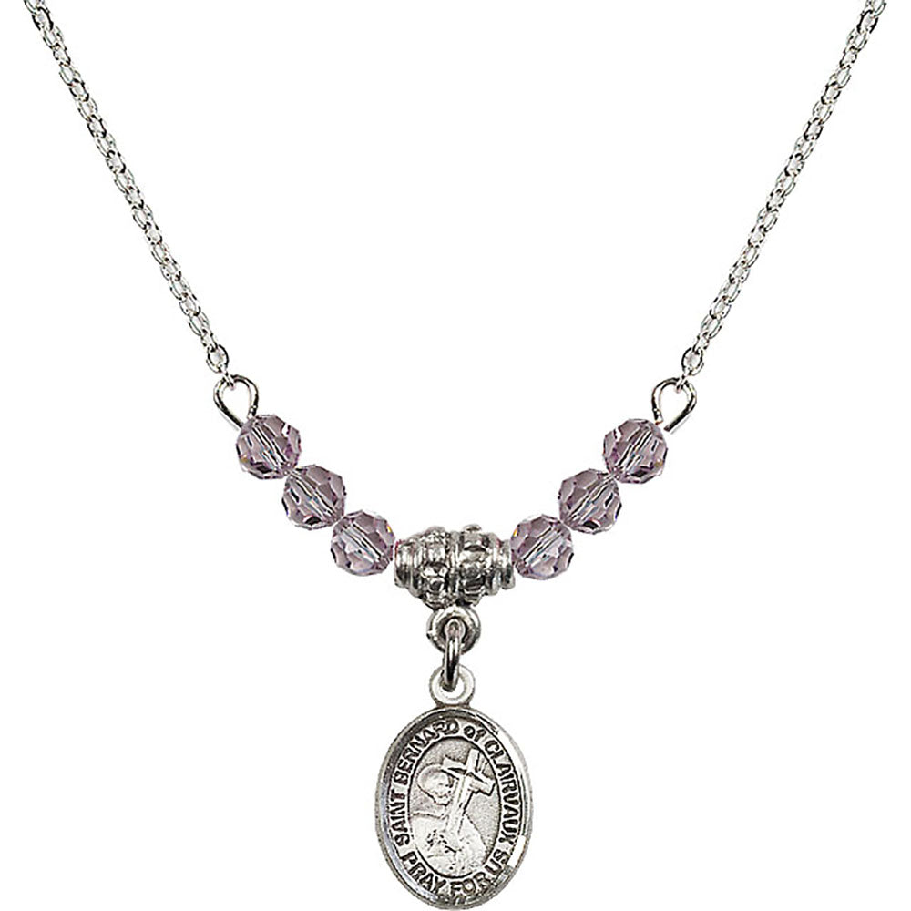 Sterling Silver Saint Bernard of Clairvaux Birthstone Necklace with Light Amethyst Beads - 9233