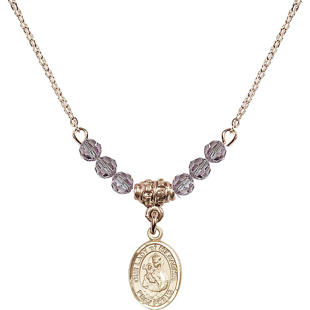 14kt Gold Filled Our Lady of Mount Carmel Birthstone Necklace with Light Amethyst Beads - 9243