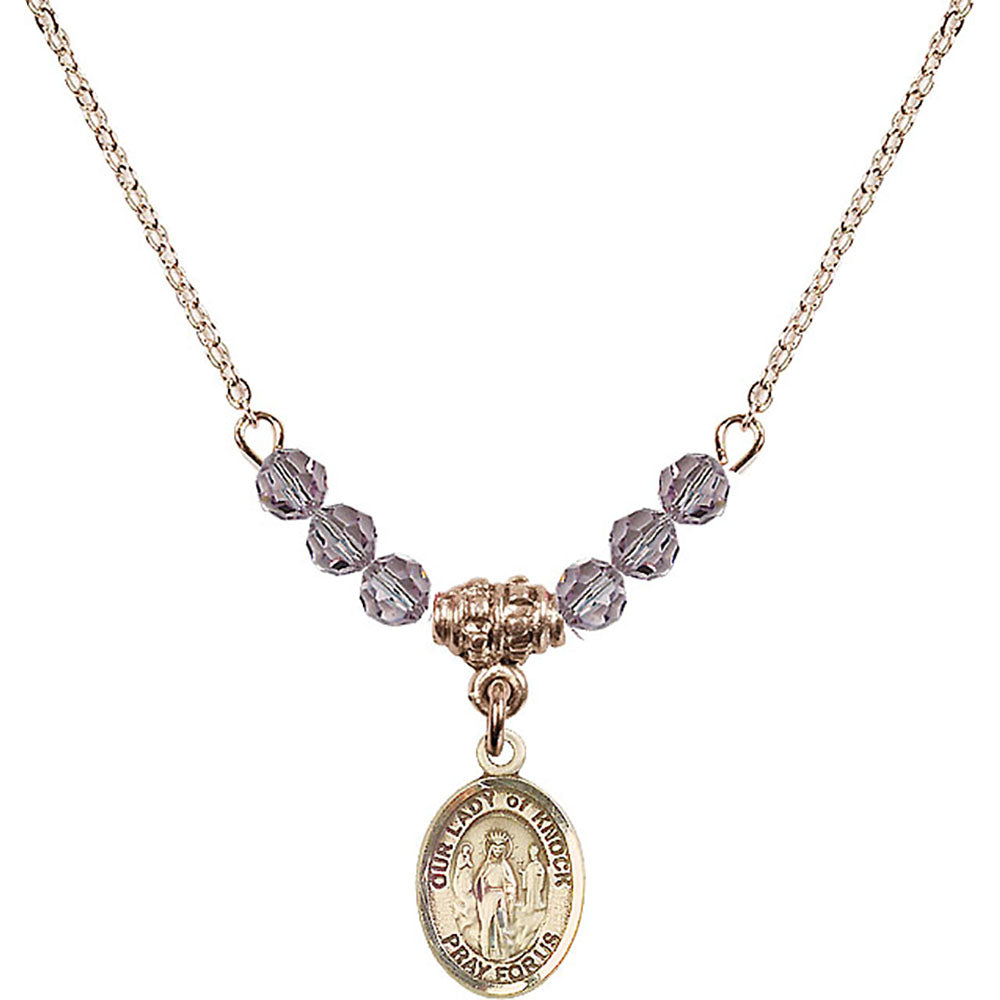 14kt Gold Filled Our Lady of Knock Birthstone Necklace with Light Amethyst Beads - 9246