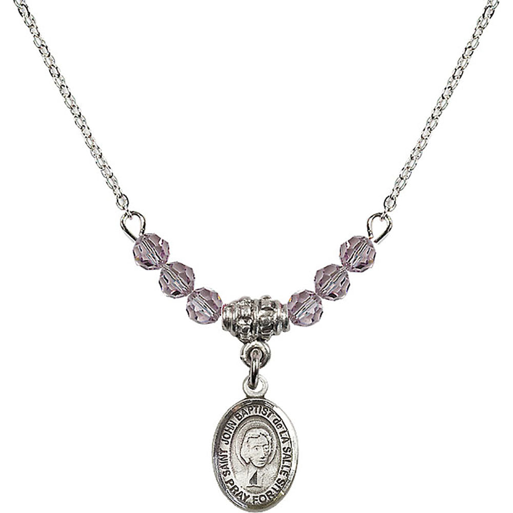 Sterling Silver Saint John Baptist de la Salle Birthstone Necklace with Light Amethyst Beads - 9262