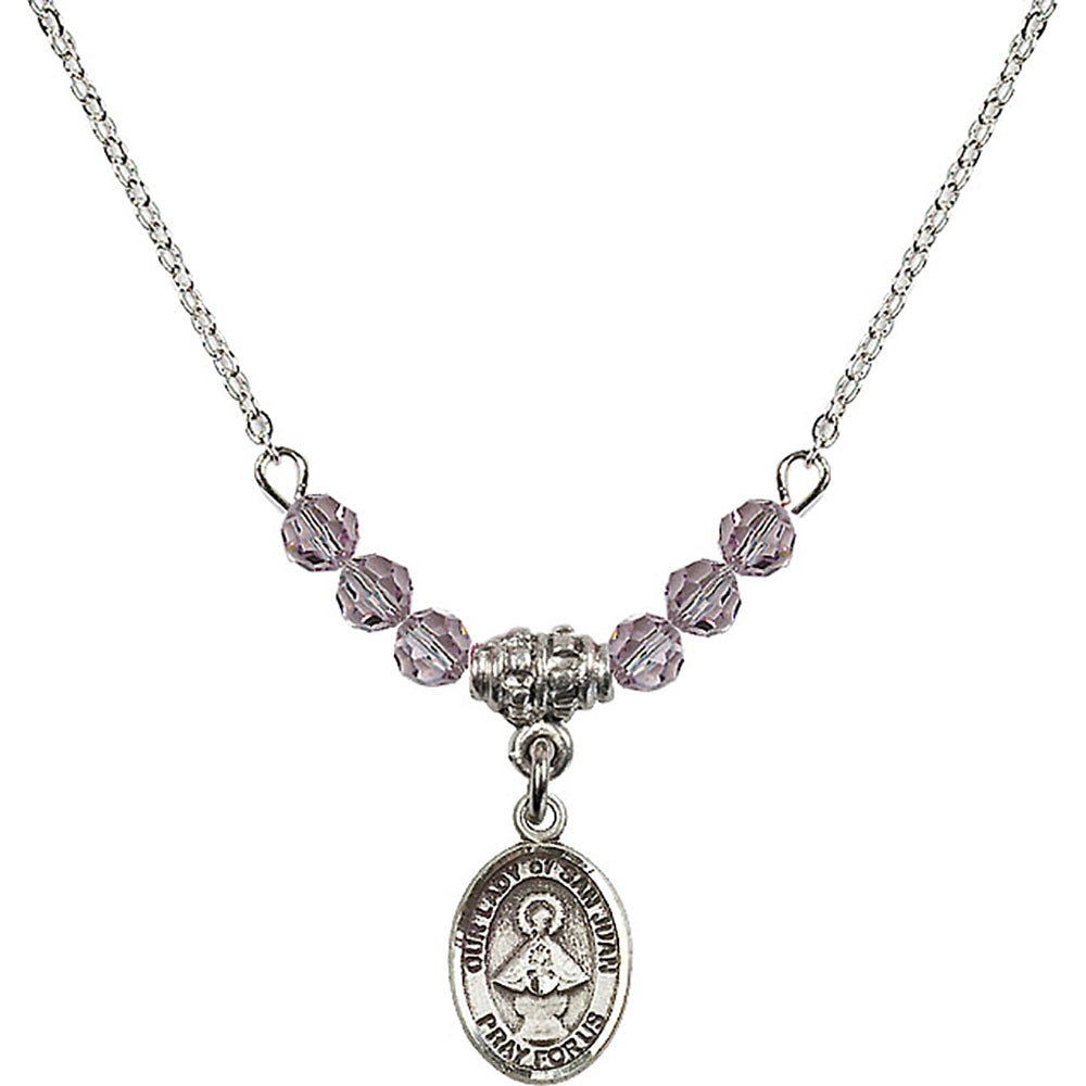 Sterling Silver Our Lady of San Juan Birthstone Necklace with Light Amethyst Beads - 9263