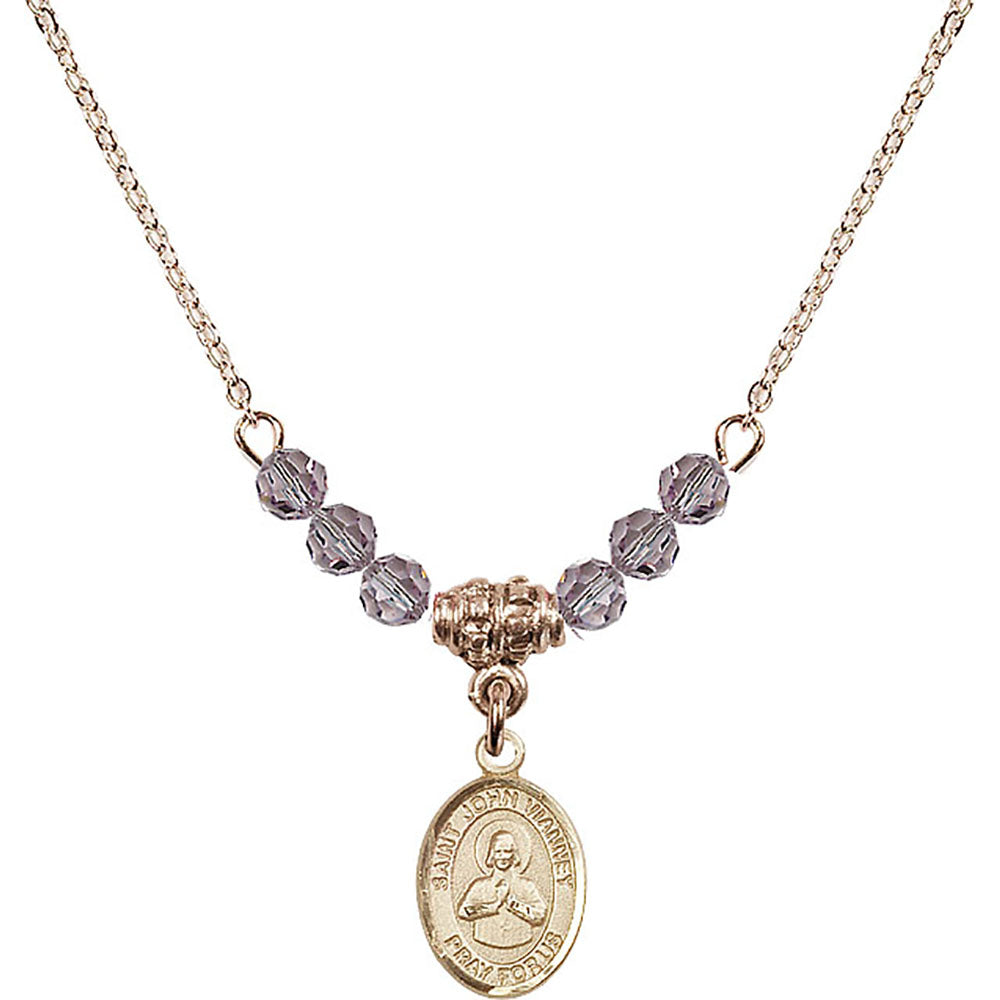 14kt Gold Filled Saint John Vianney Birthstone Necklace with Light Amethyst Beads - 9282