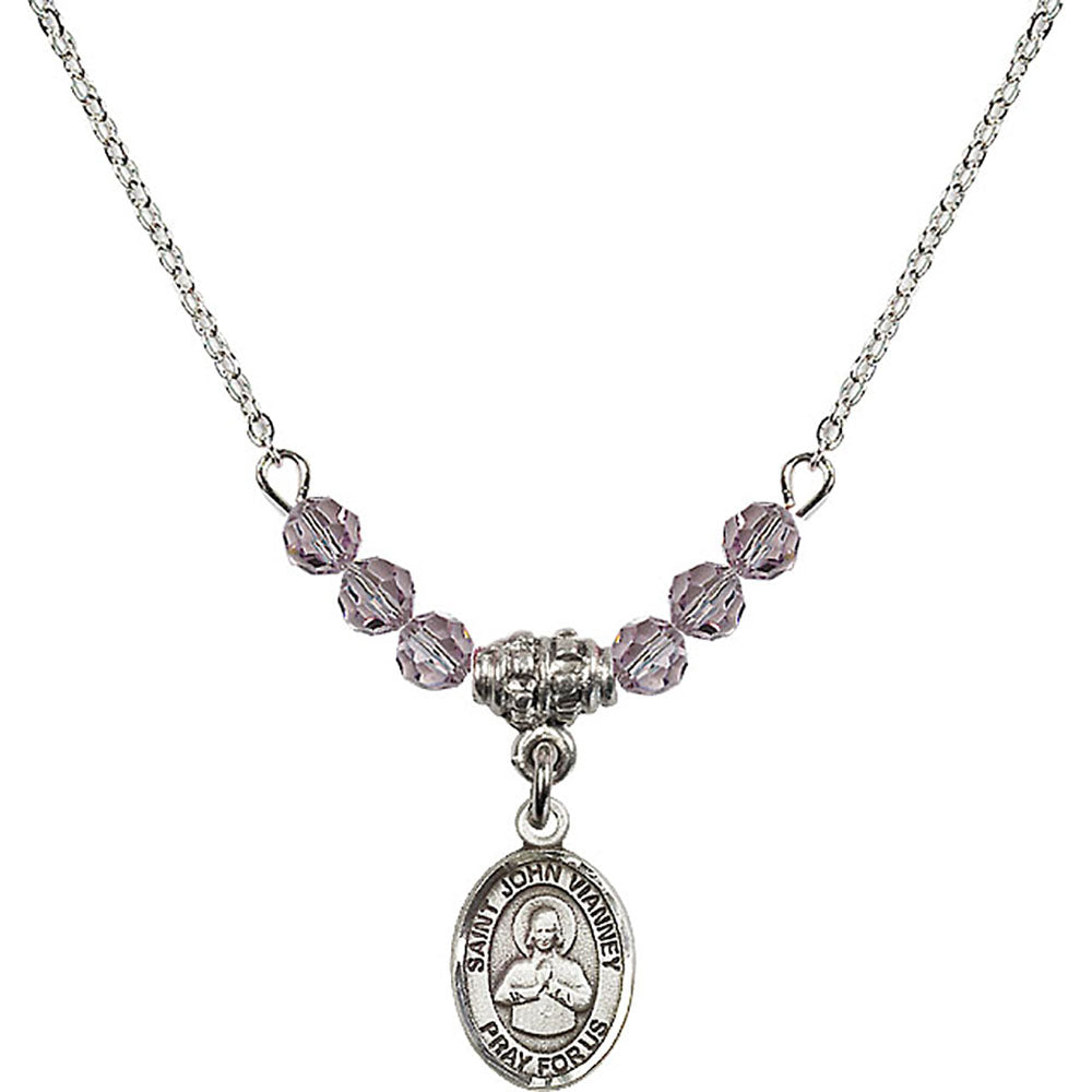 Sterling Silver Saint John Vianney Birthstone Necklace with Light Amethyst Beads - 9282