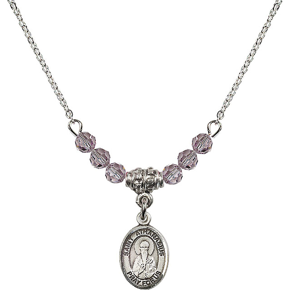 Sterling Silver Saint Athanasius Birthstone Necklace with Light Amethyst Beads - 9296