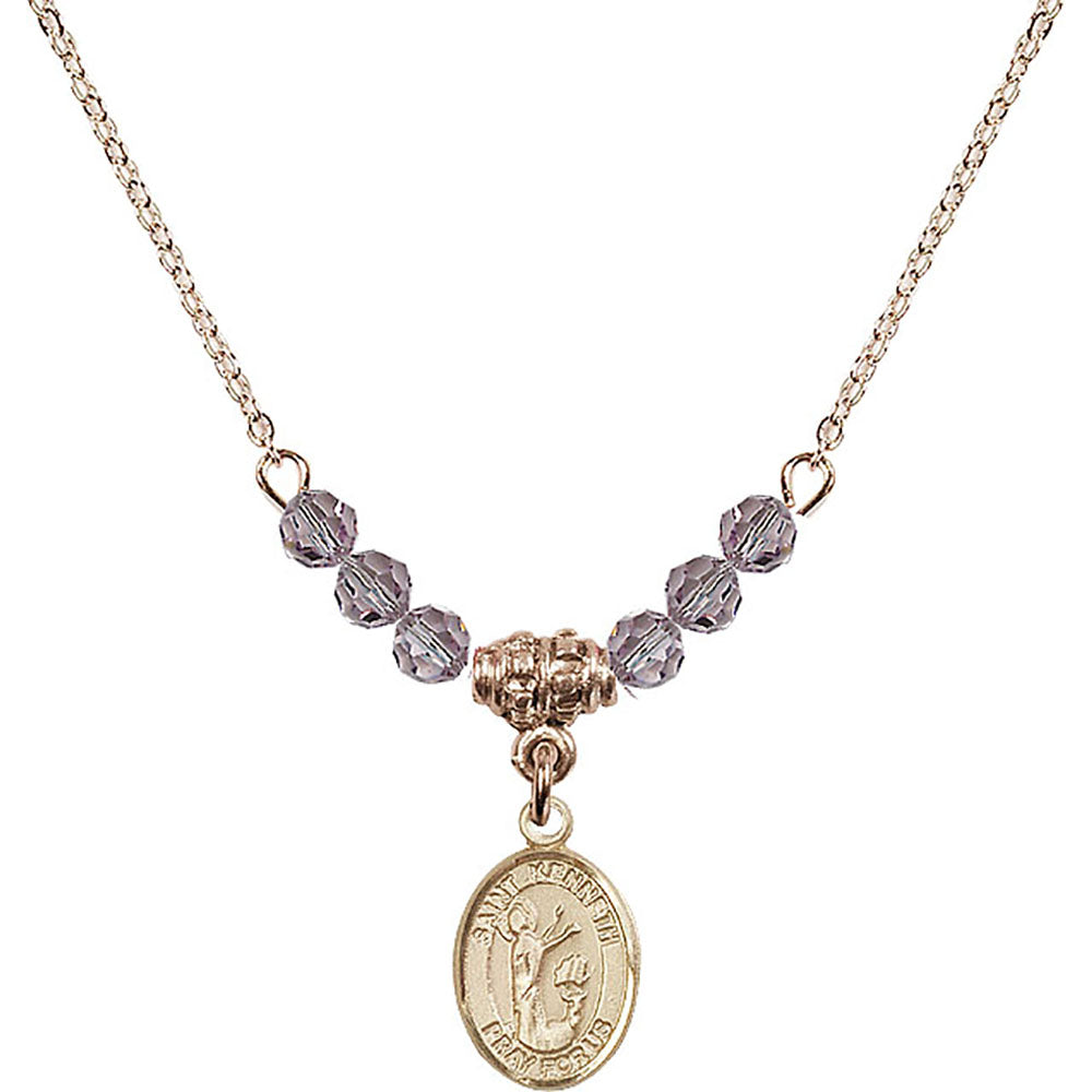14kt Gold Filled Saint Kenneth Birthstone Necklace with Light Amethyst Beads - 9332