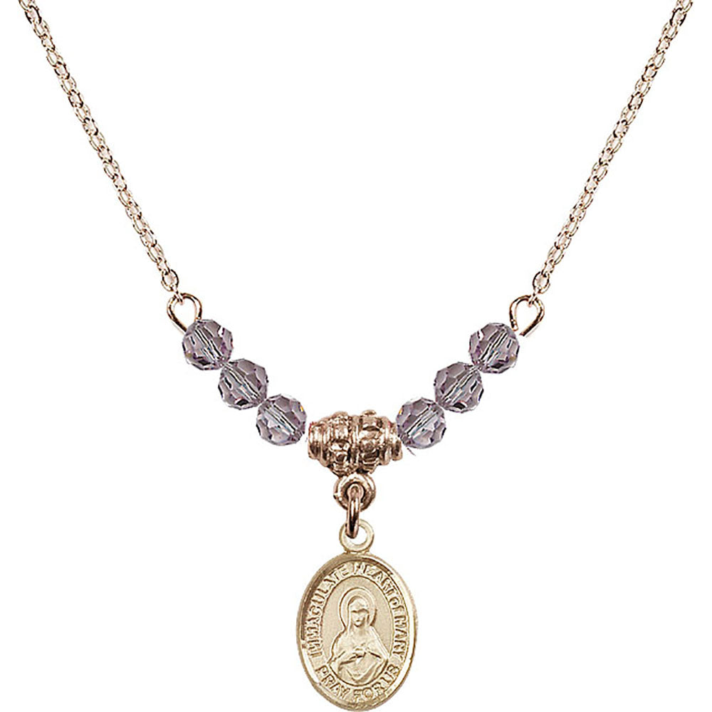 14kt Gold Filled Immaculate Heart of Mary Birthstone Necklace with Light Amethyst Beads - 9337