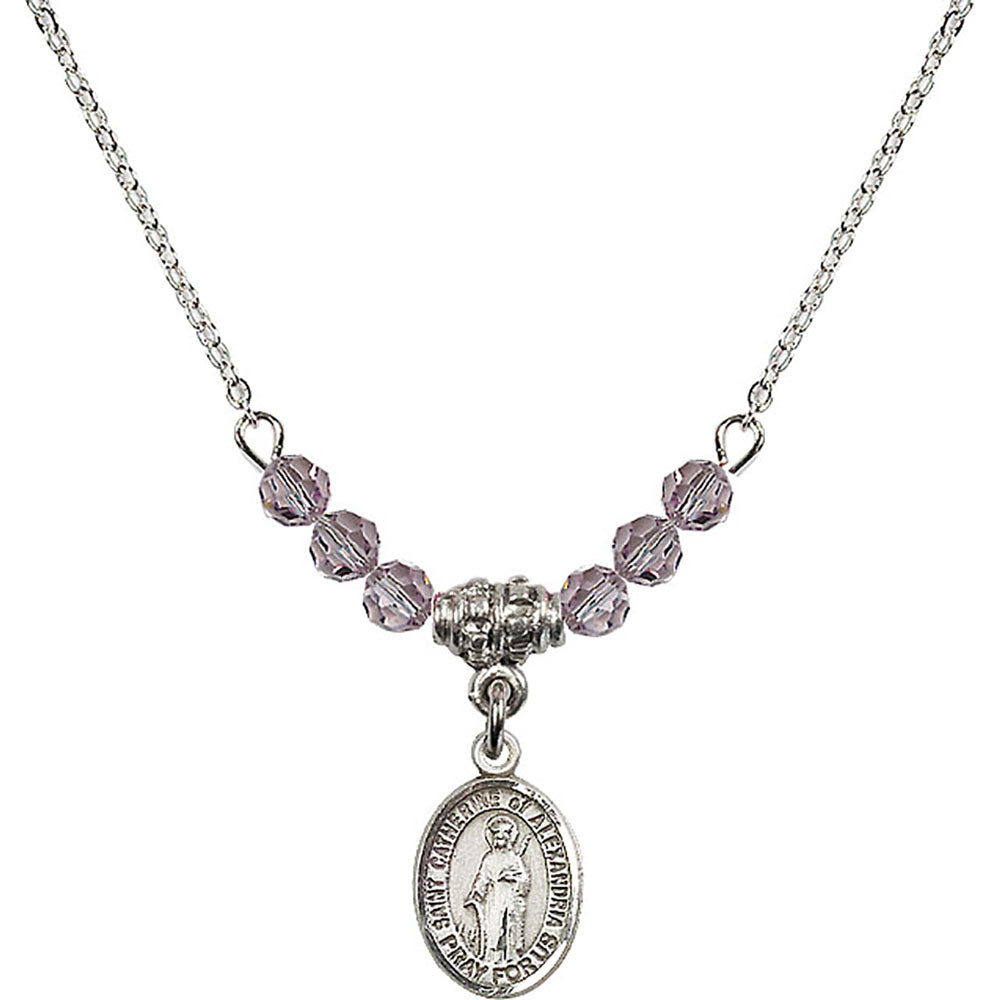 Sterling Silver Saint Catherine of Alexandria Birthstone Necklace with Light Amethyst Beads - 9343