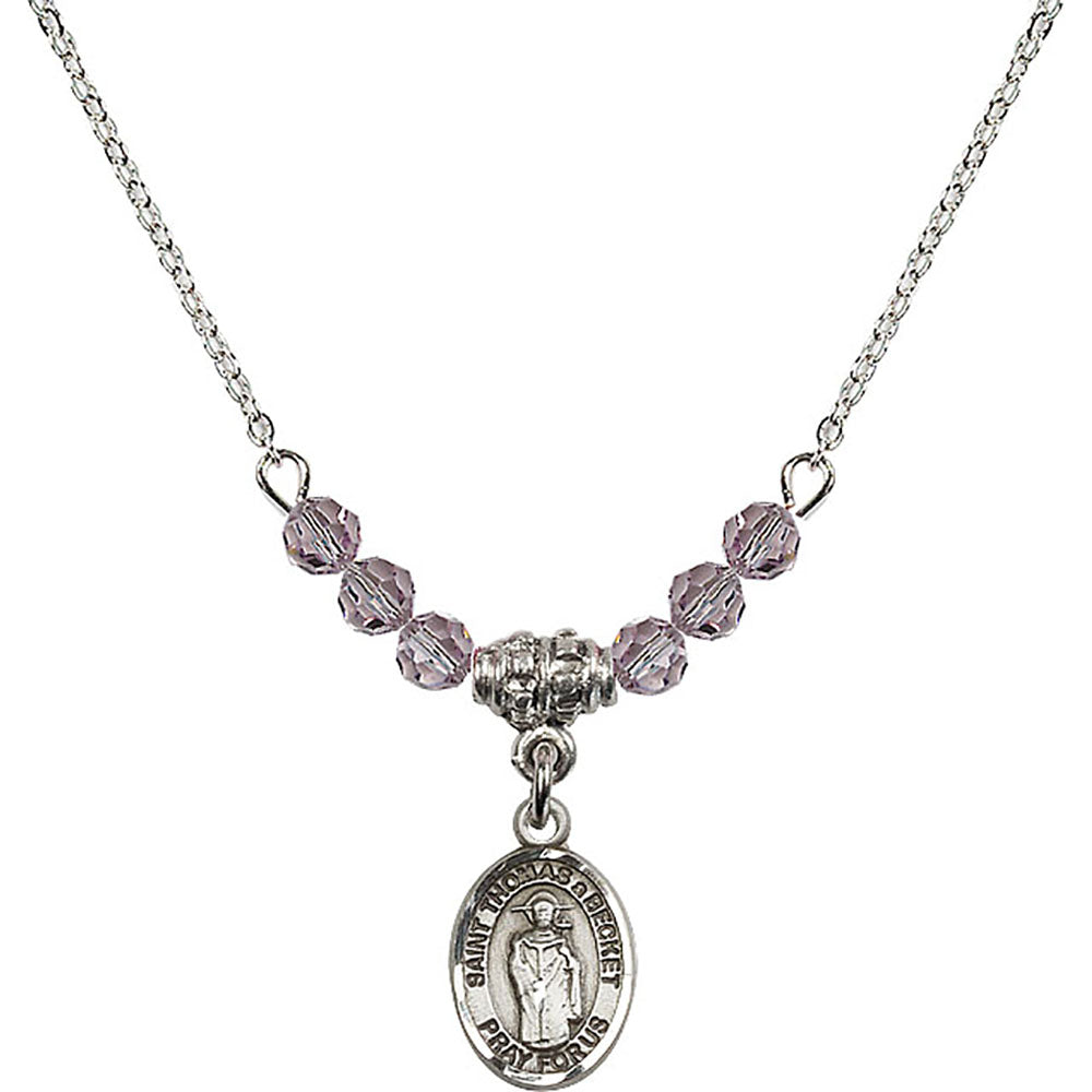 Sterling Silver Saint Thomas A Becket Birthstone Necklace with Light Amethyst Beads - 9344