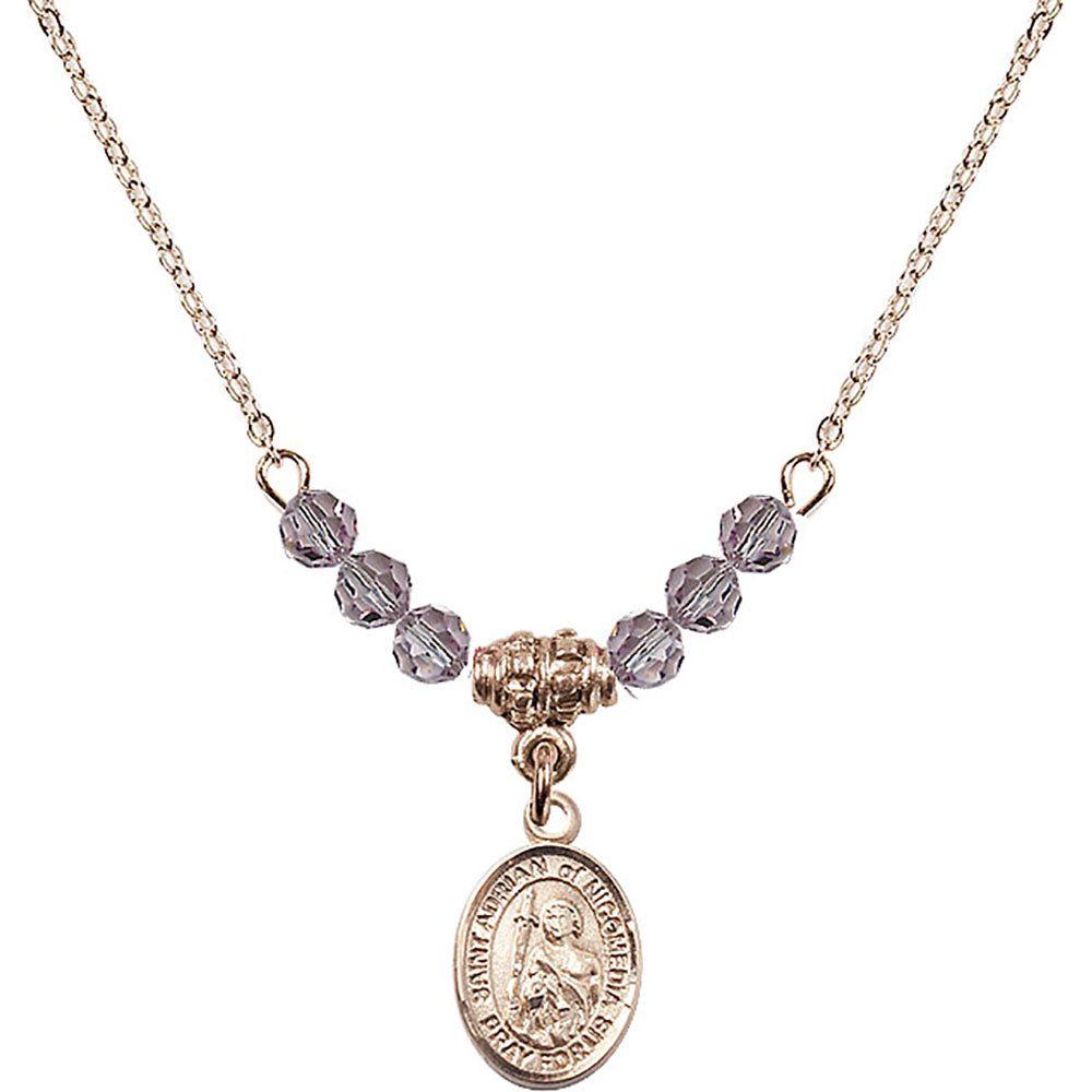 14kt Gold Filled Saint Adrian of Nicomedia Birthstone Necklace with Light Amethyst Beads - 9353