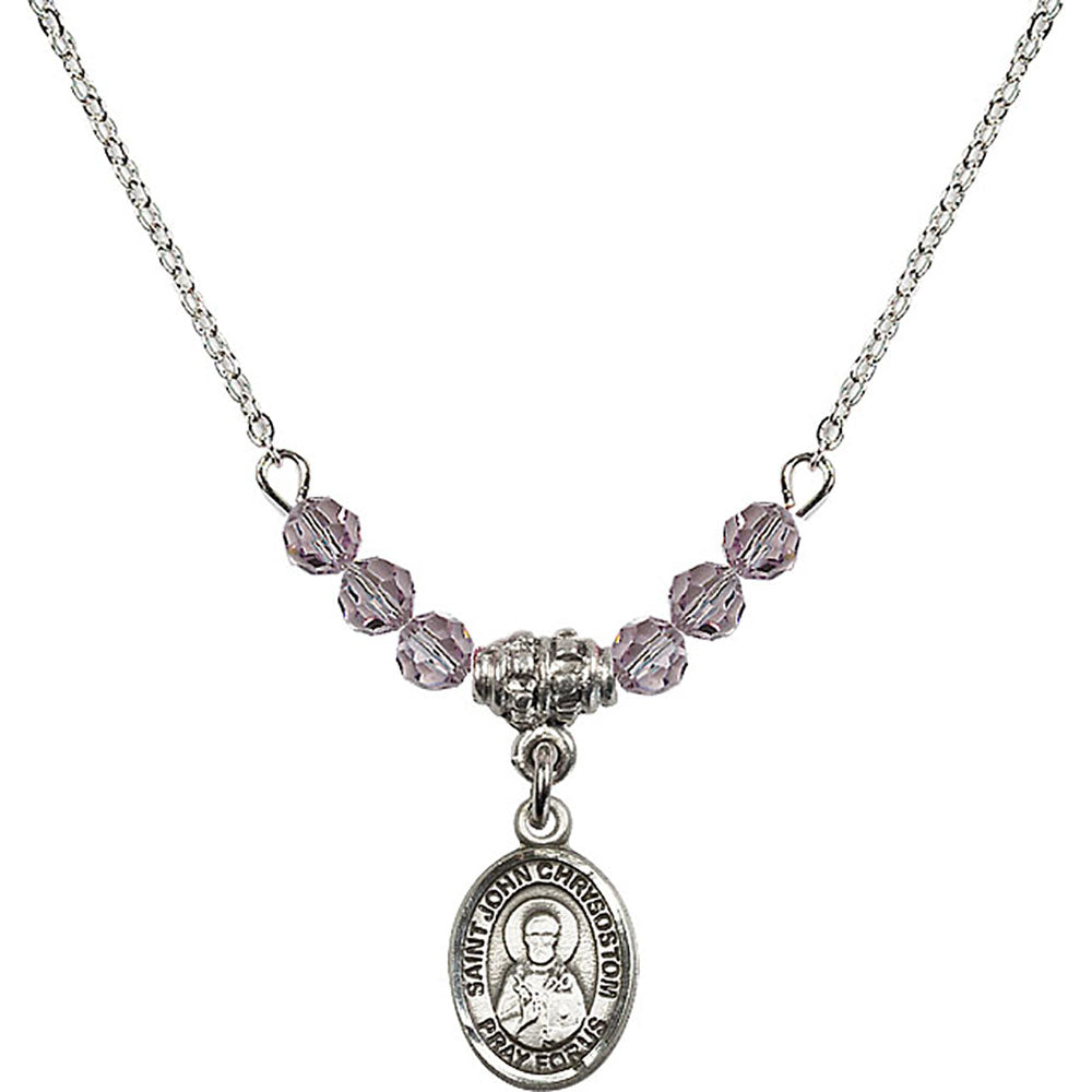 Sterling Silver Saint John Chrysostom Birthstone Necklace with Light Amethyst Beads - 9357