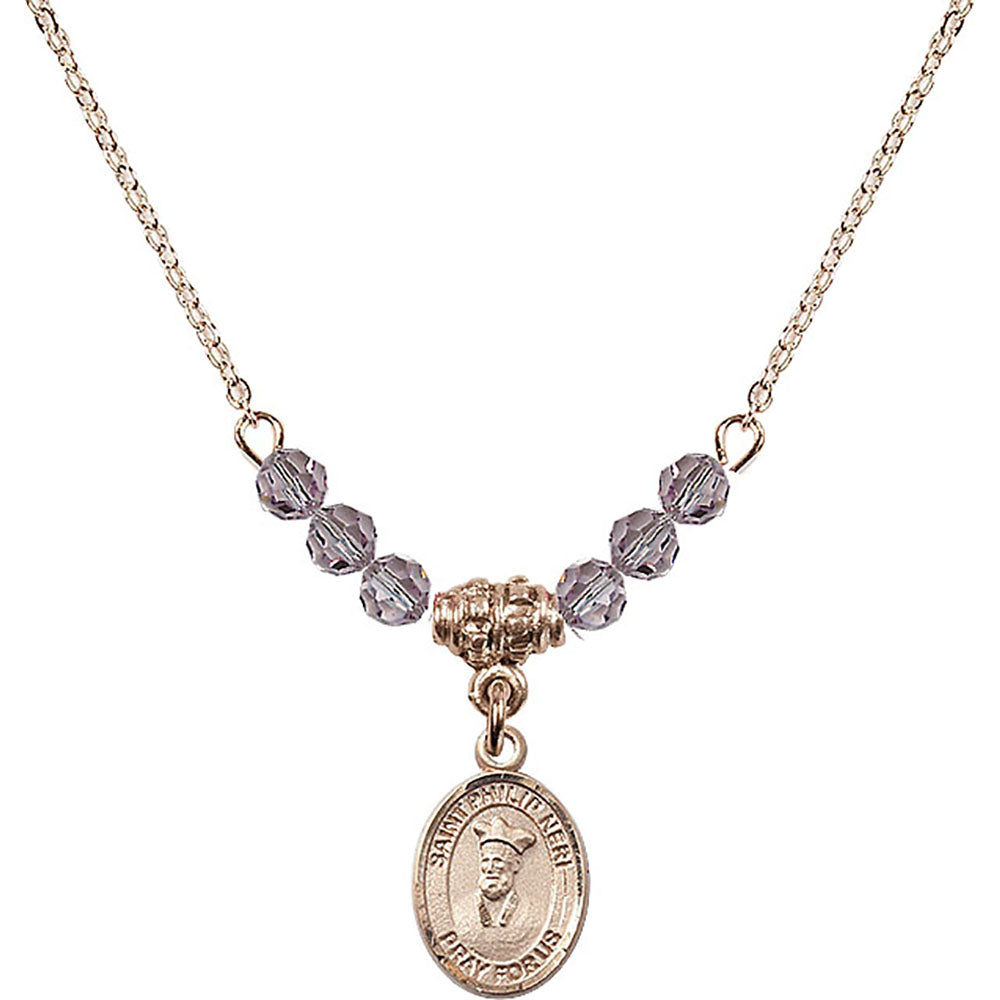14kt Gold Filled Saint Philip Neri Birthstone Necklace with Light Amethyst Beads - 9369