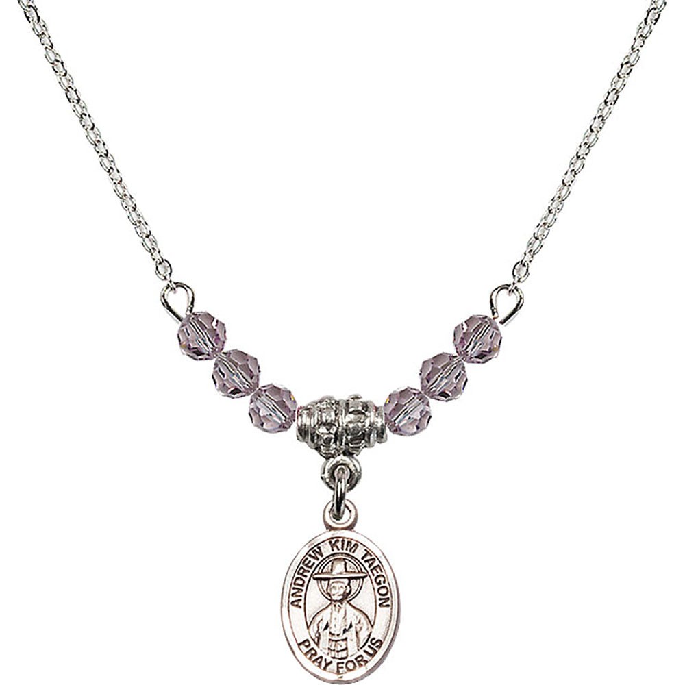 Sterling Silver Saint Andrew Kim Taegon Birthstone Necklace with Light Amethyst Beads - 9373