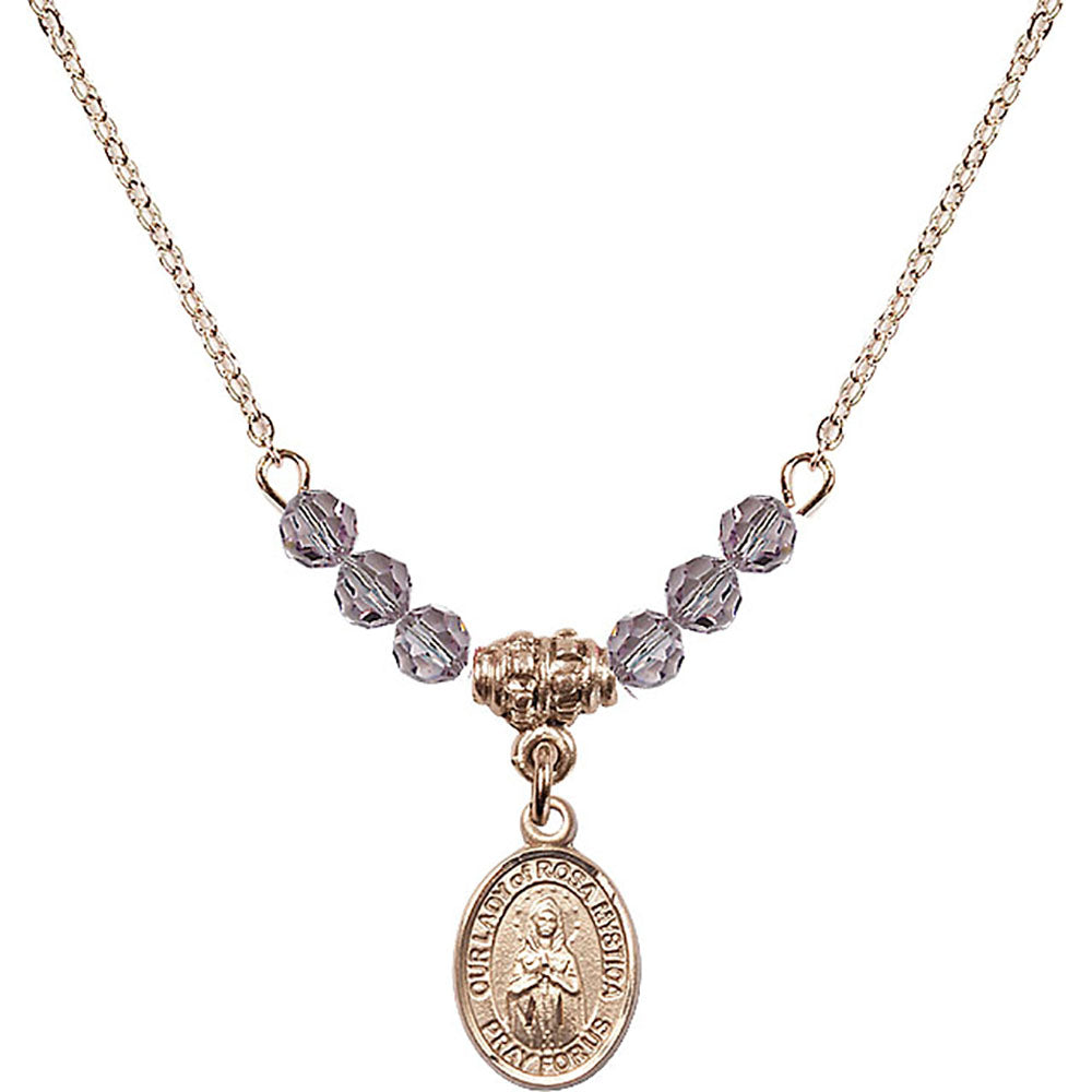 14kt Gold Filled Our Lady of Rosa Mystica Birthstone Necklace with Light Amethyst Beads - 9413