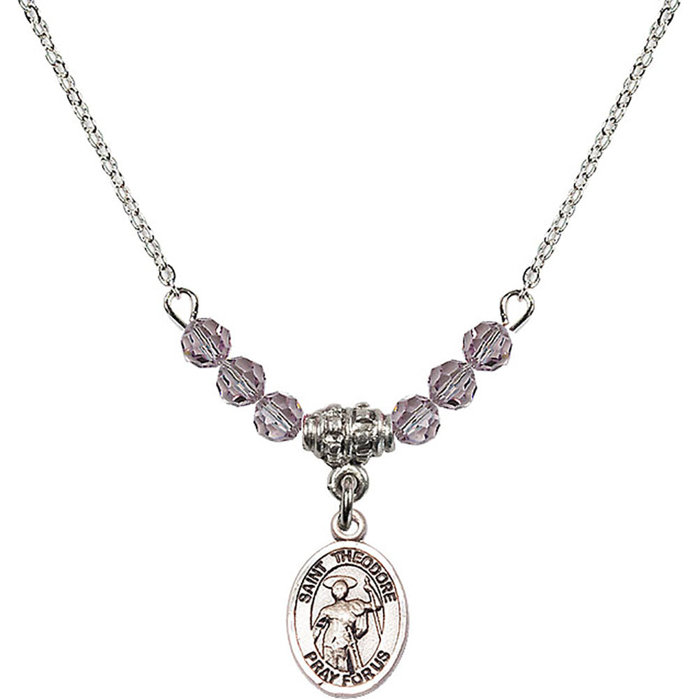Sterling Silver Saint Theodore Stratelates Birthstone Necklace with Light Amethyst Beads - 9415