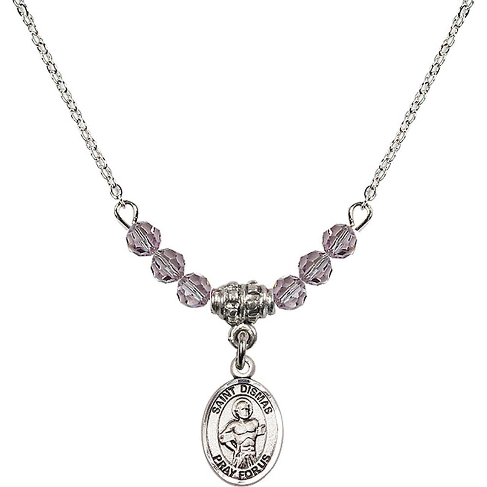 Sterling Silver Saint Dismas Birthstone Necklace with Light Amethyst Beads - 9418