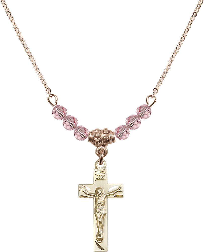 14kt Gold Filled Crucifix Birthstone Necklace with Light Rose Beads - 0006
