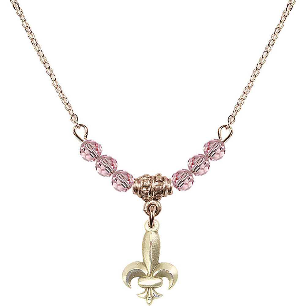 14kt Gold Filled Fleur de Lis Birthstone Necklace with Light Rose Beads - 0293
