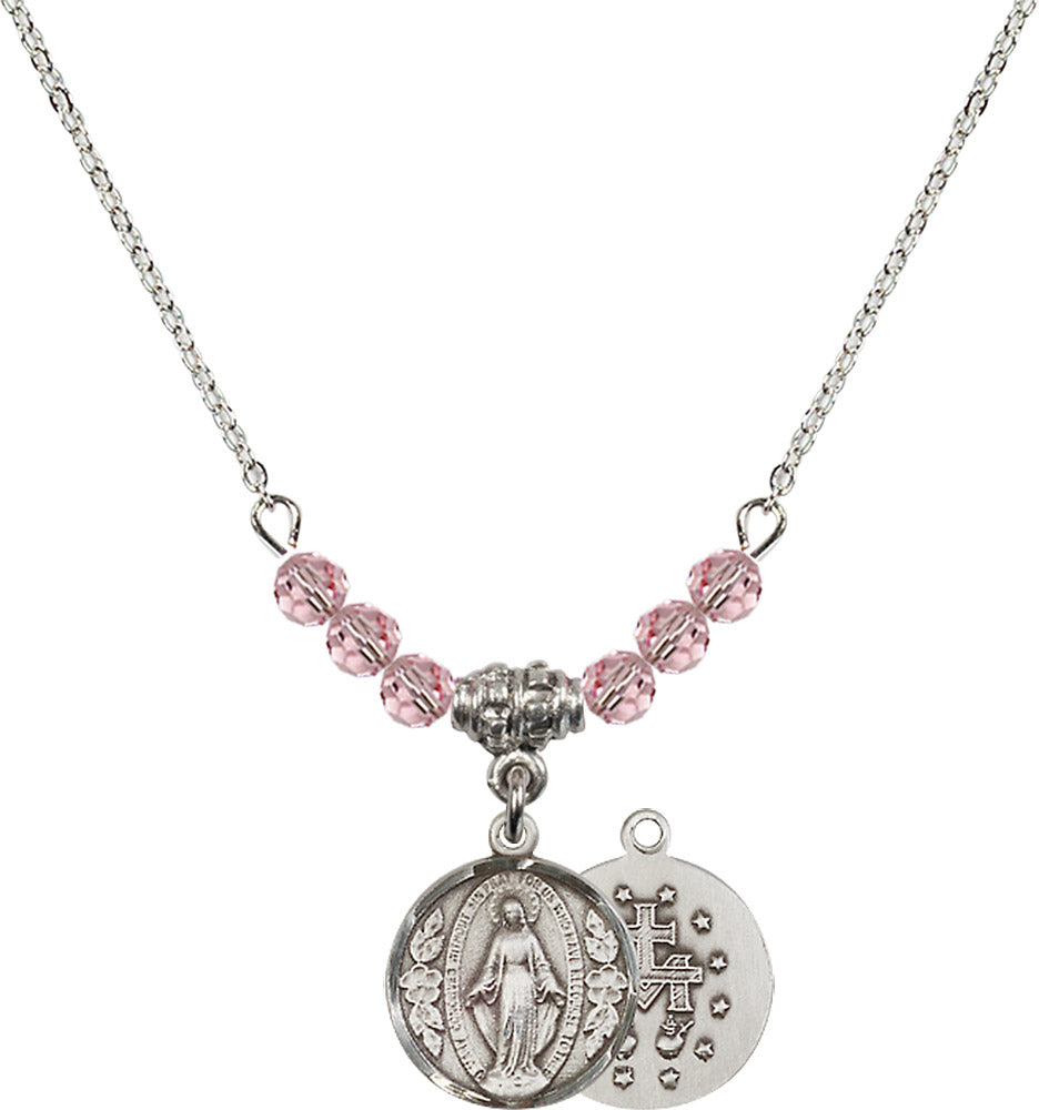 Sterling Silver Miraculous Birthstone Necklace with Light Rose Beads - 0601