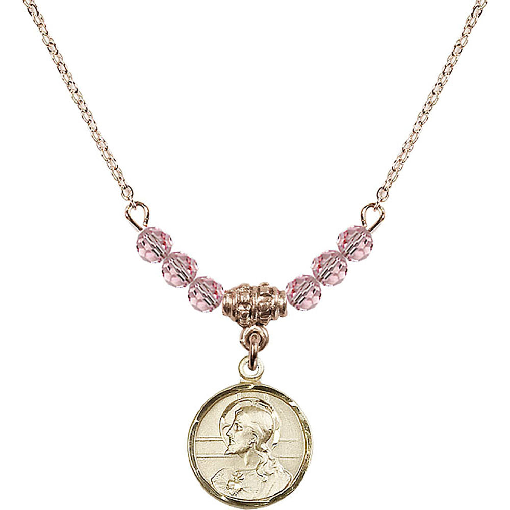 14kt Gold Filled Scapular Birthstone Necklace with Light Rose Beads - 0601