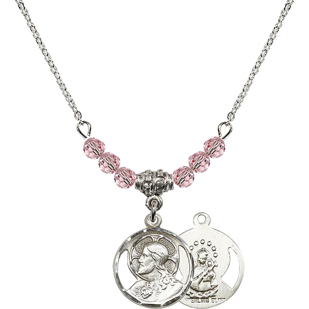 Sterling Silver Scapular Birthstone Necklace with Light Rose Beads - 0611