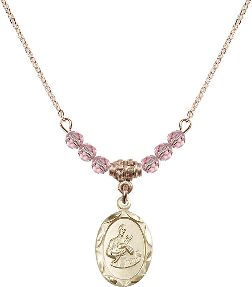 14kt Gold Filled Saint Gerard Birthstone Necklace with Light Rose Beads - 0612