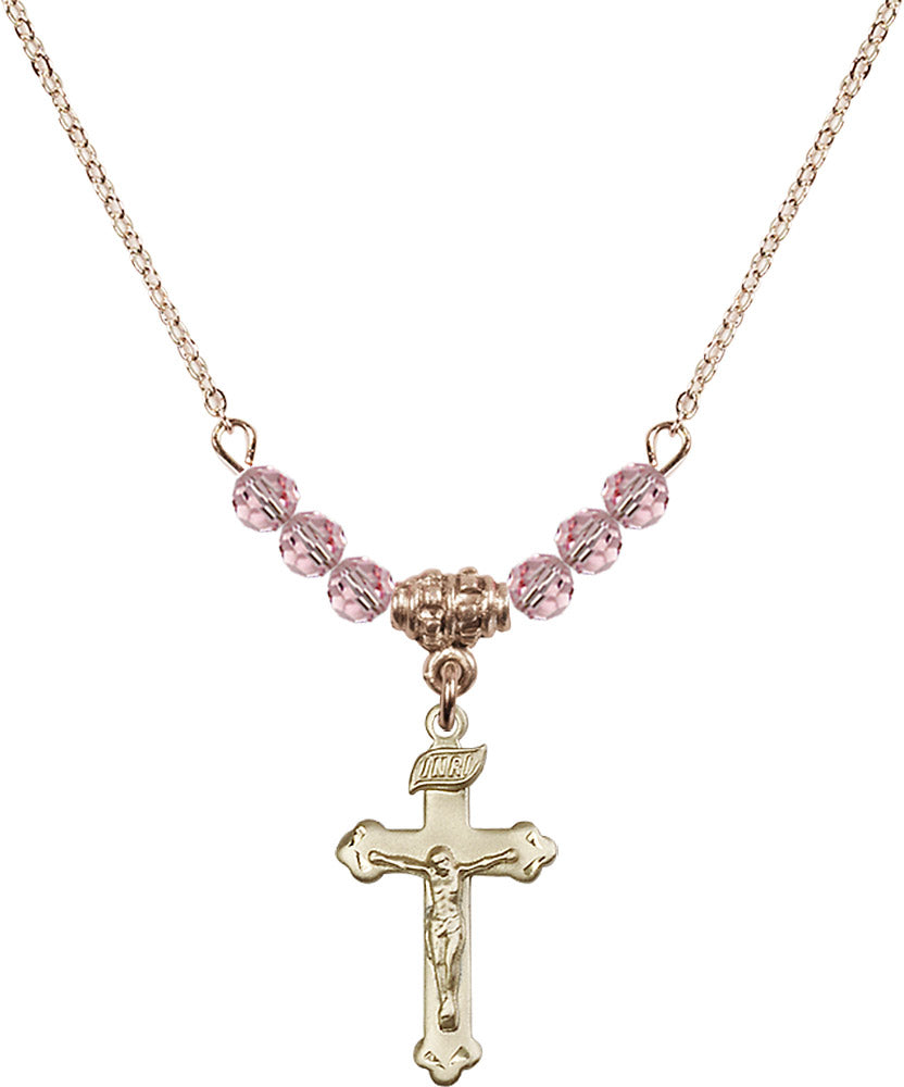 14kt Gold Filled Crucifix Birthstone Necklace with Light Rose Beads - 0669