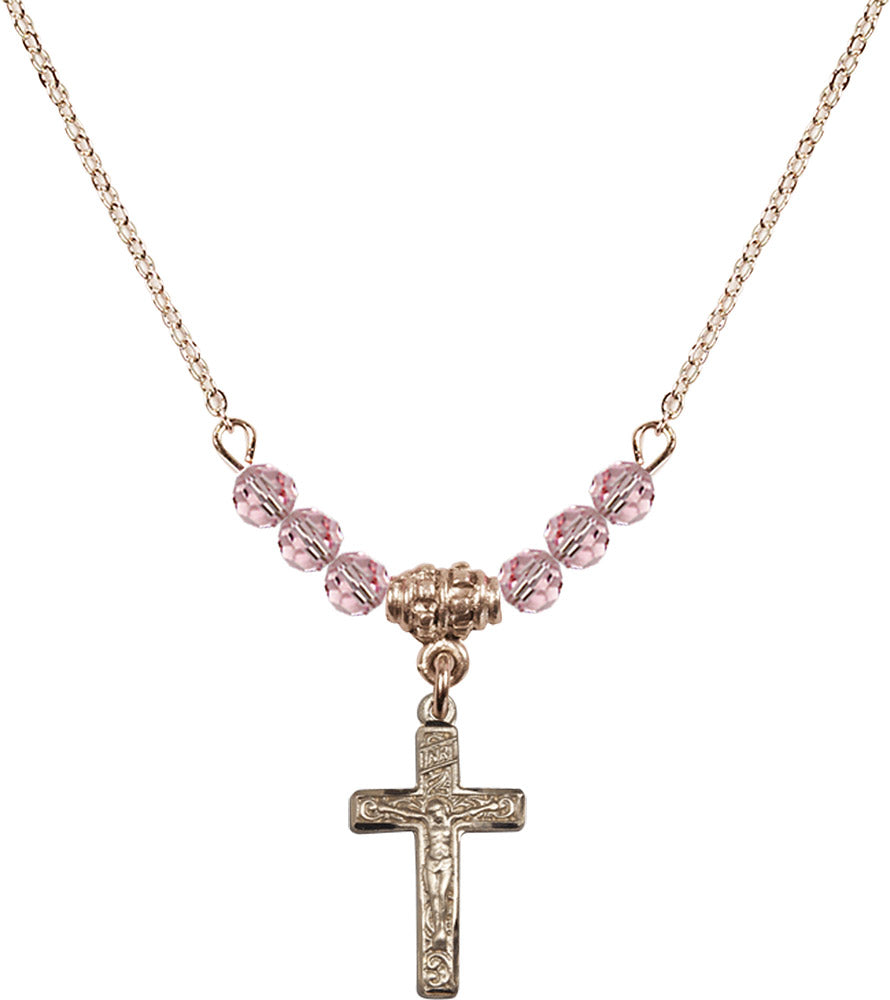 14kt Gold Filled Crucifix Birthstone Necklace with Light Rose Beads - 0672