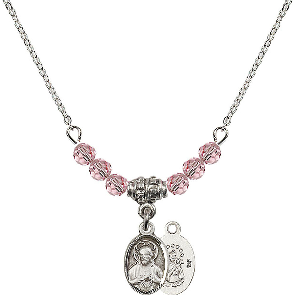 Sterling Silver Scapular Birthstone Necklace with Light Rose Beads - 0702