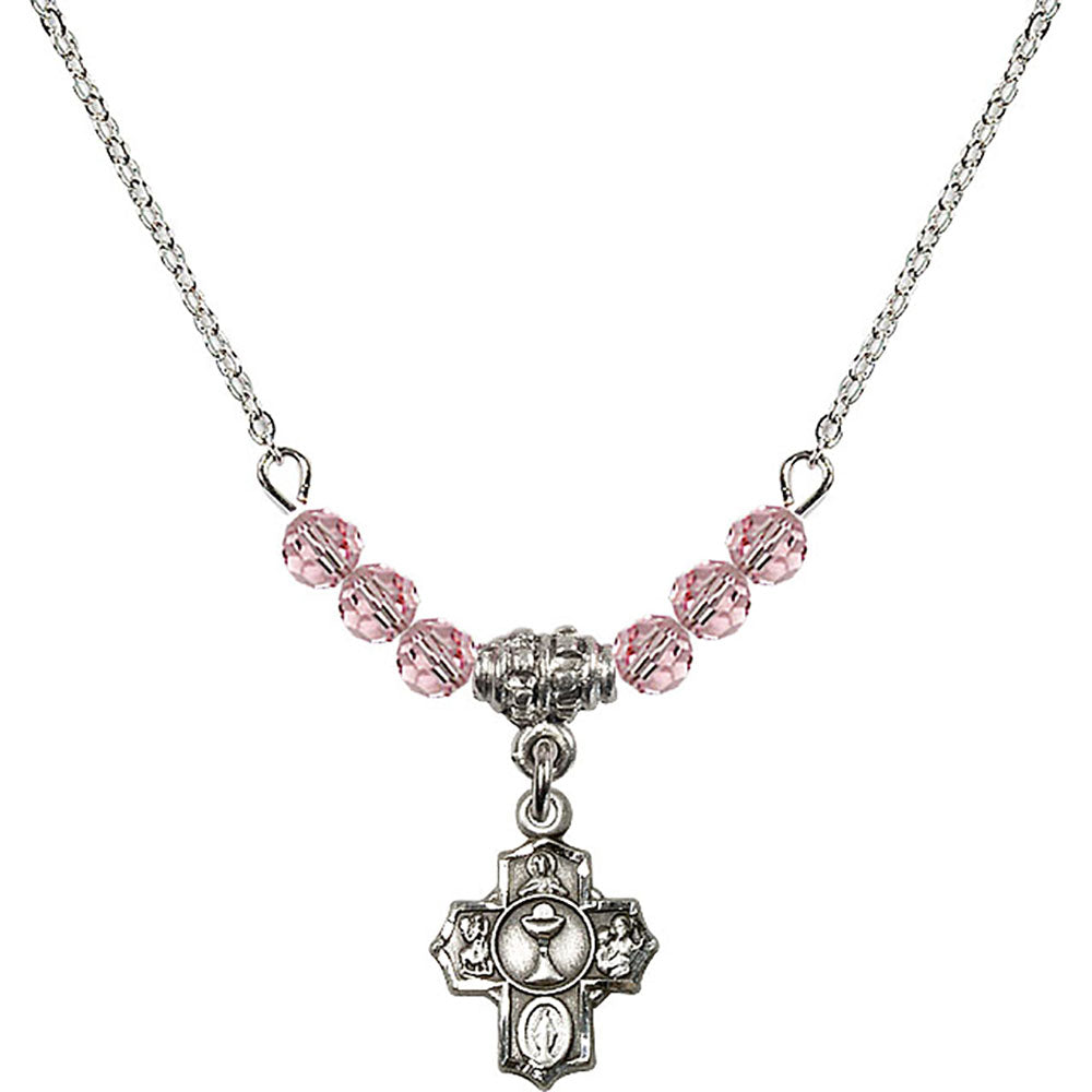 Sterling Silver Communion 5-Way Birthstone Necklace with Light Rose Beads - 0890