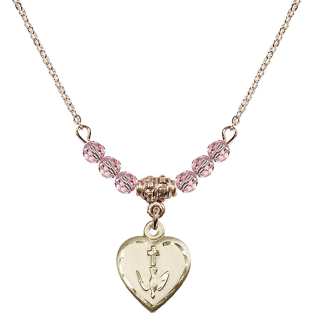 14kt Gold Filled Heart / Confirmation Birthstone Necklace with Light Rose Beads - 0891
