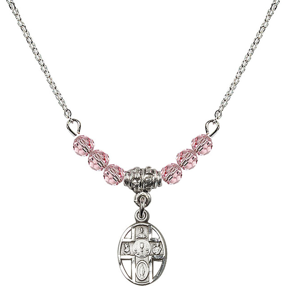 Sterling Silver 5-Way / Chalice Birthstone Necklace with Light Rose Beads - 0979
