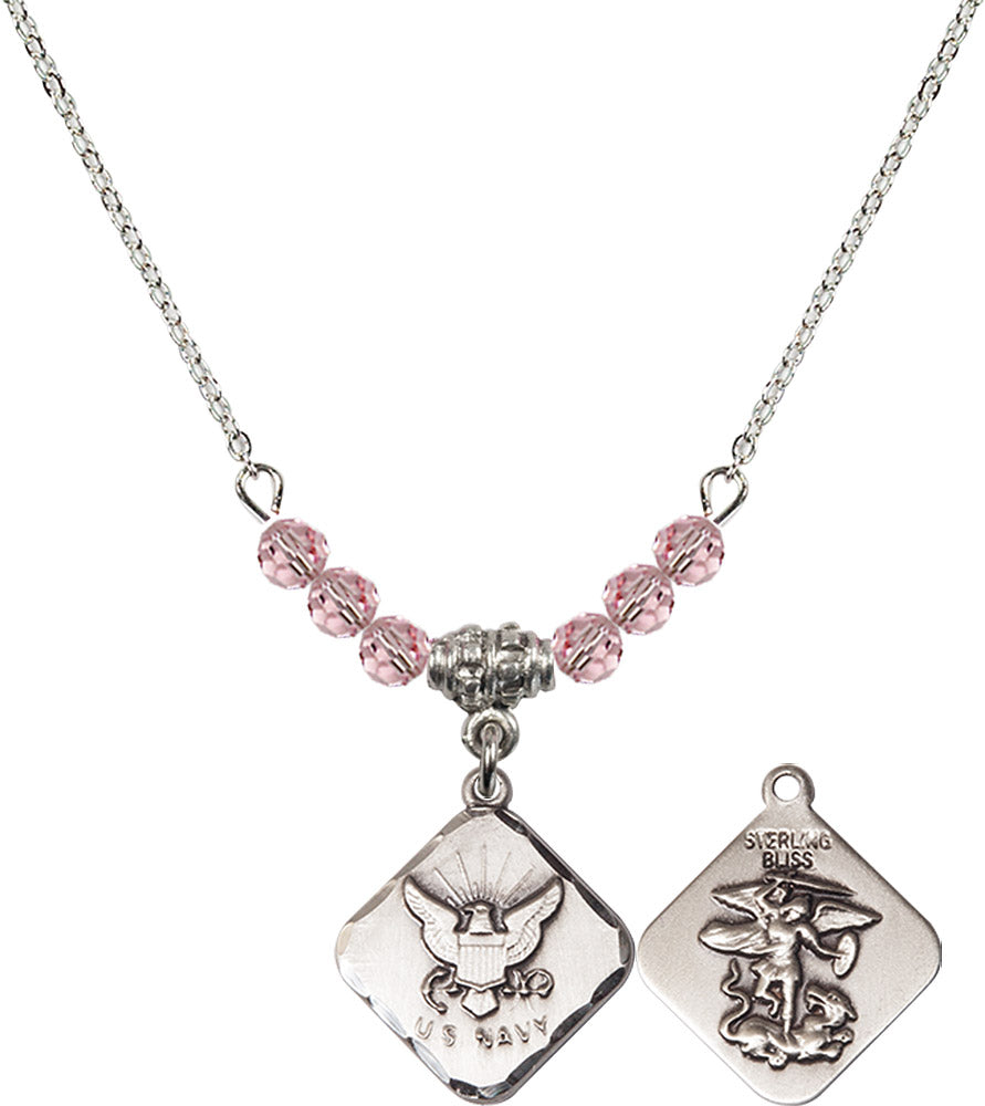 Sterling Silver Navy Diamond Birthstone Necklace with Light Rose Beads - 1180