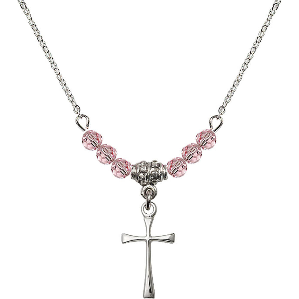 Sterling Silver Maltese Cross Birthstone Necklace with Light Rose Beads - 1872