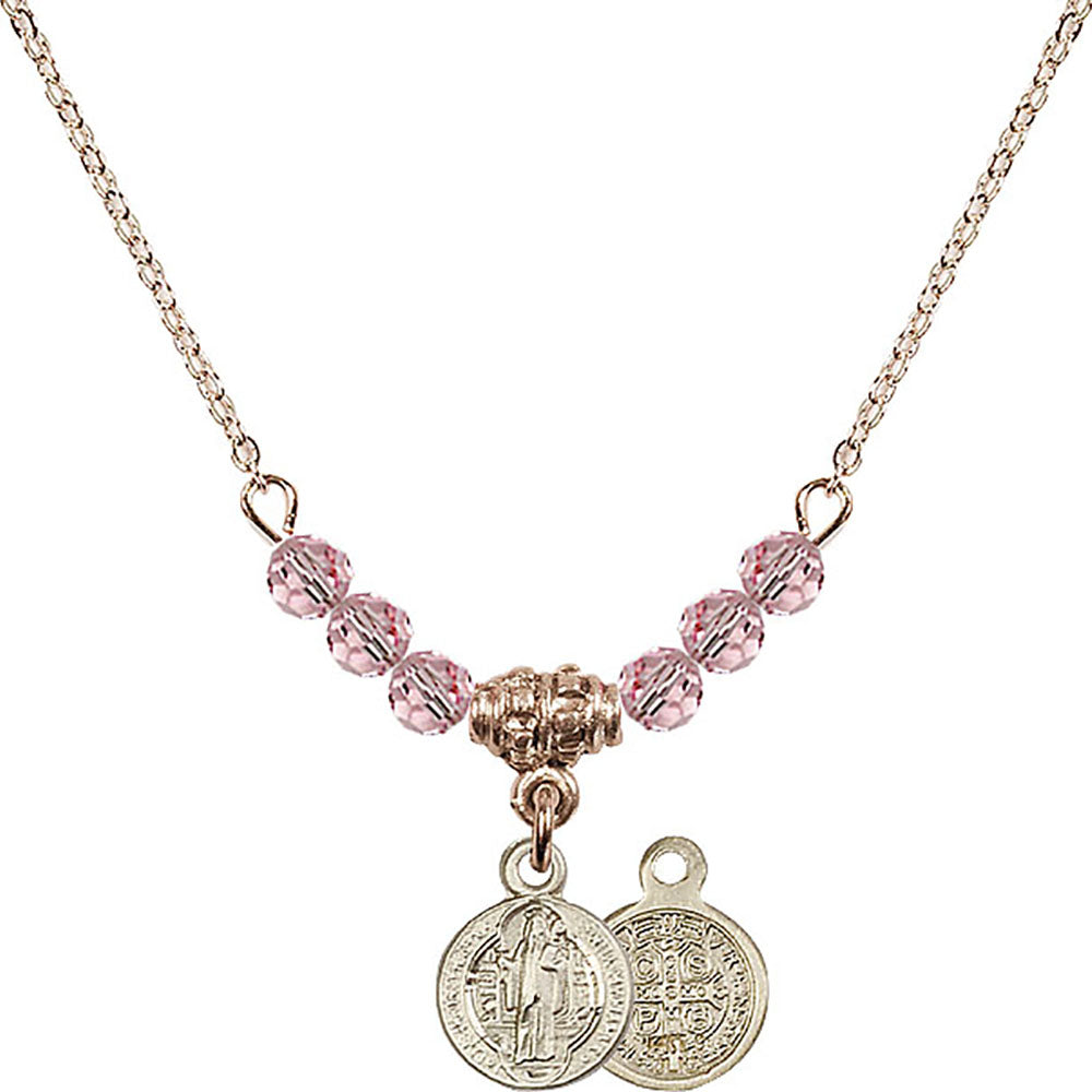 14kt Gold Filled Saint Benedict Birthstone Necklace with Light Rose Beads - 2341