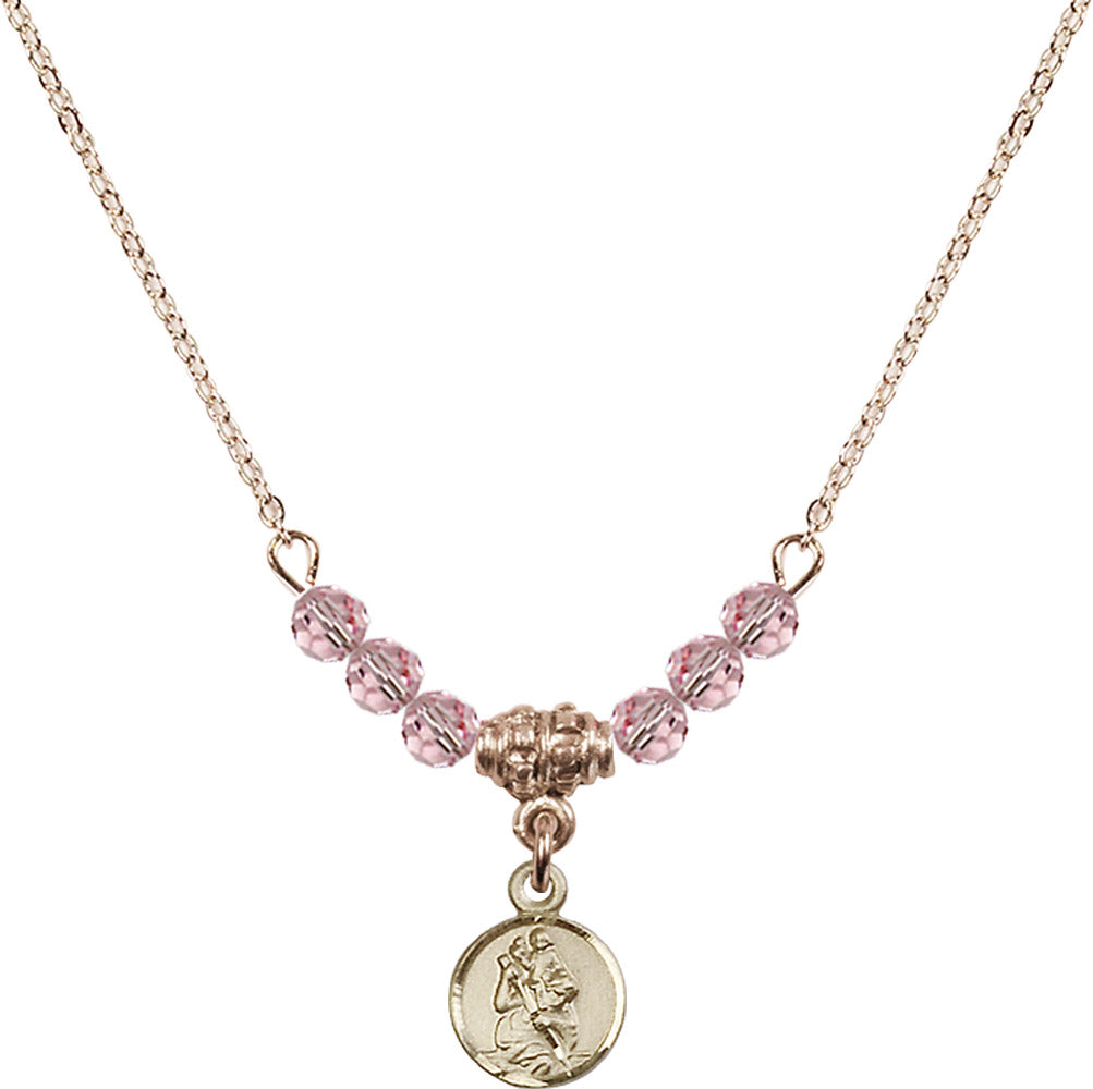 14kt Gold Filled Saint Christopher Birthstone Necklace with Light Rose Beads - 2343