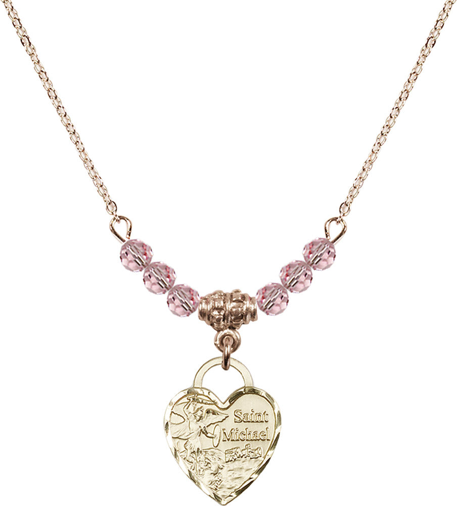 14kt Gold Filled Saint Michael Heart Birthstone Necklace with Light Rose Beads - 3403