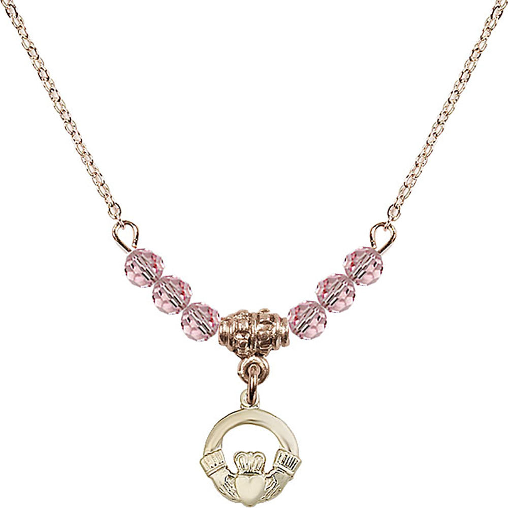 14kt Gold Filled Claddagh Birthstone Necklace with Light Rose Beads - 4113