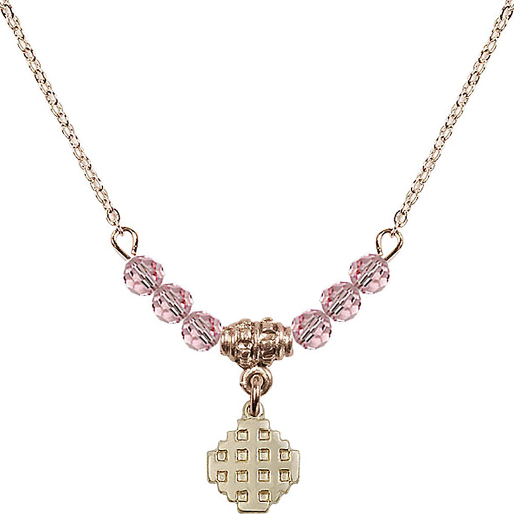 14kt Gold Filled Jerusalem Cross Birthstone Necklace with Light Rose Beads - 4118