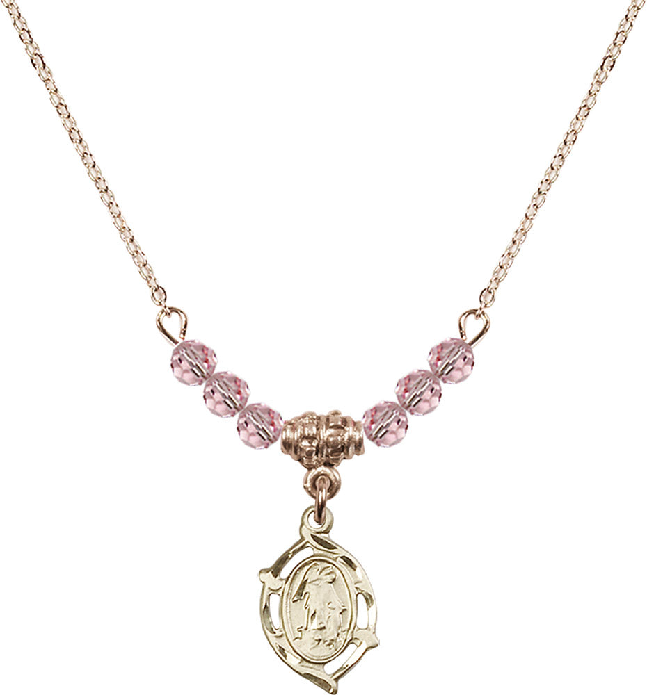 14kt Gold Filled Guardian Angel Birthstone Necklace with Light Rose Beads - 4154