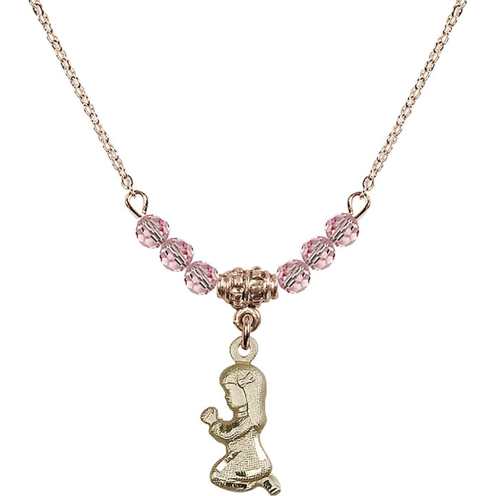 14kt Gold Filled Praying Girl Birthstone Necklace with Light Rose Beads - 4262