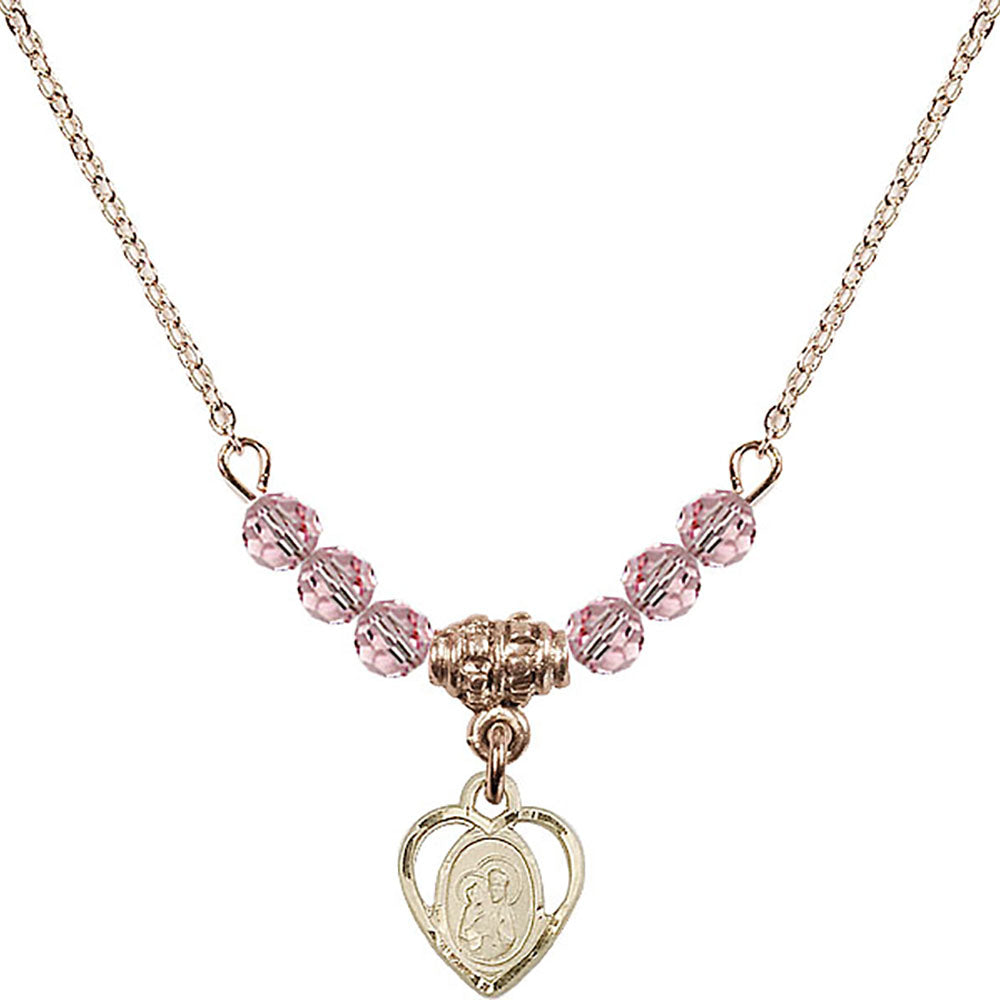 14kt Gold Filled Saint Ann Birthstone Necklace with Light Rose Beads - 5414