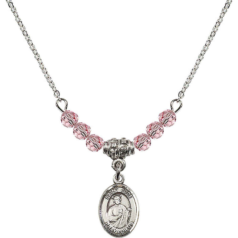 Sterling Silver Saint Jude Thaddeus Birthstone Necklace with Light Rose Beads - 9060
